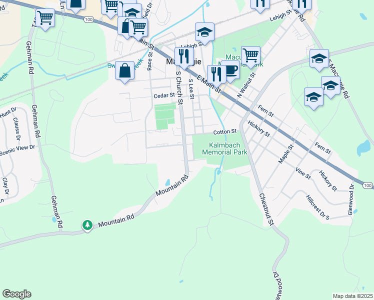 map of restaurants, bars, coffee shops, grocery stores, and more near 211 South Church Street in Macungie
