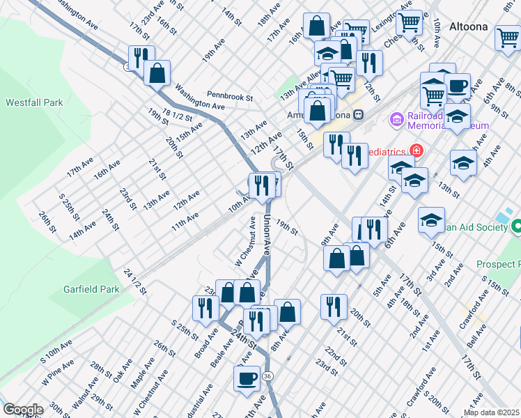 map of restaurants, bars, coffee shops, grocery stores, and more near 1899 10th Avenue in Altoona