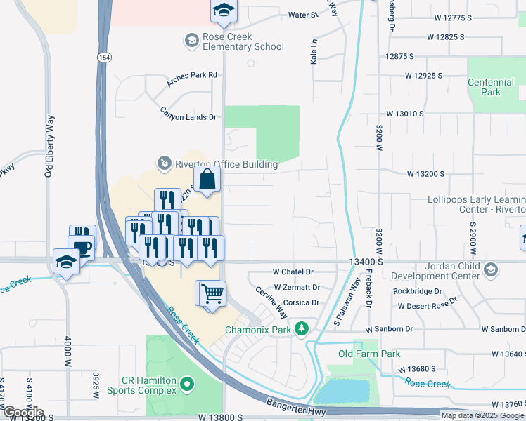 map of restaurants, bars, coffee shops, grocery stores, and more near 3431 West Johnson Creek Cove in Riverton