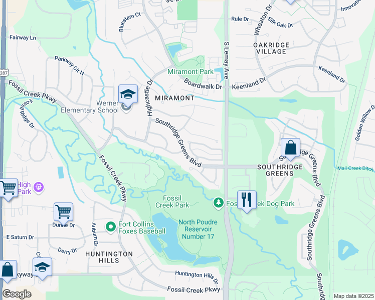 map of restaurants, bars, coffee shops, grocery stores, and more near 950 Southridge Greens Boulevard in Fort Collins
