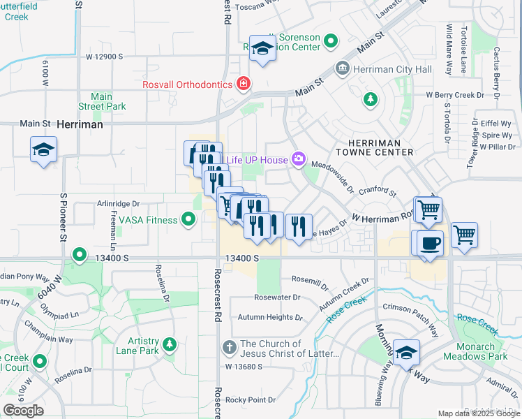 map of restaurants, bars, coffee shops, grocery stores, and more near 13337 Copper Park Drive in Herriman