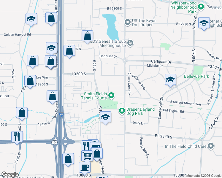map of restaurants, bars, coffee shops, grocery stores, and more near 13287 South Old Farm Cove in Draper