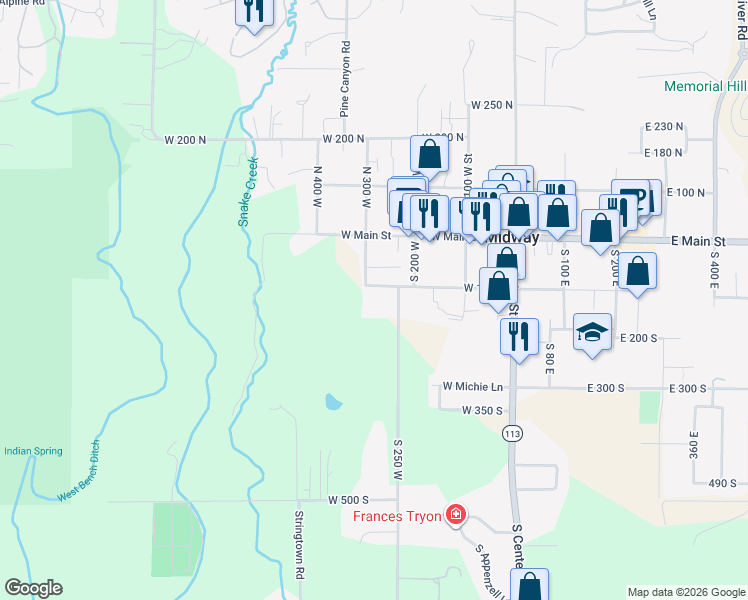 map of restaurants, bars, coffee shops, grocery stores, and more near 120 West 250 North in Midway