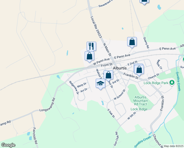 map of restaurants, bars, coffee shops, grocery stores, and more near 231 West 2nd Street in Alburtis