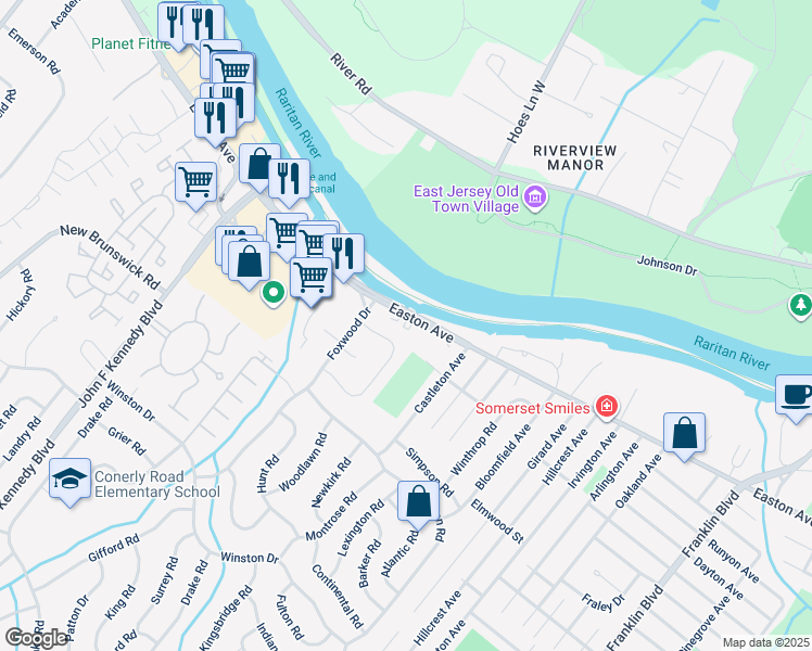map of restaurants, bars, coffee shops, grocery stores, and more near 844 Easton Avenue in Franklin Township