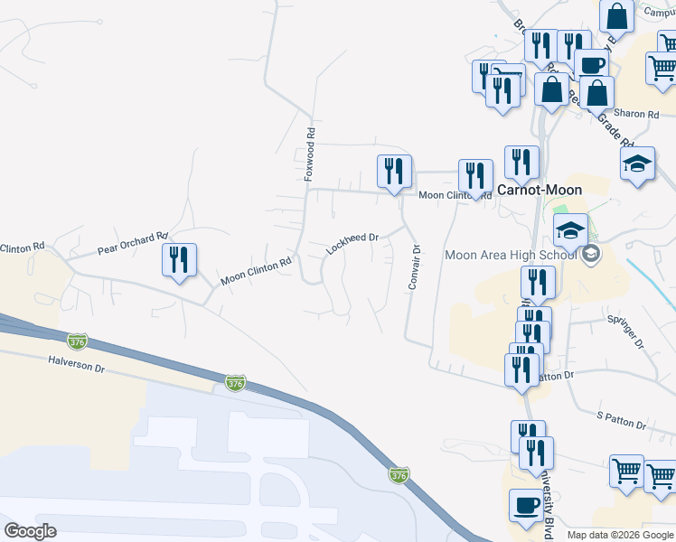 map of restaurants, bars, coffee shops, grocery stores, and more near 139 Lockheed Drive in Coraopolis