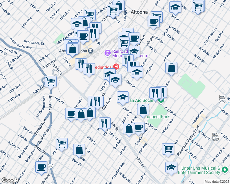 map of restaurants, bars, coffee shops, grocery stores, and more near 1415 6th Avenue in Altoona