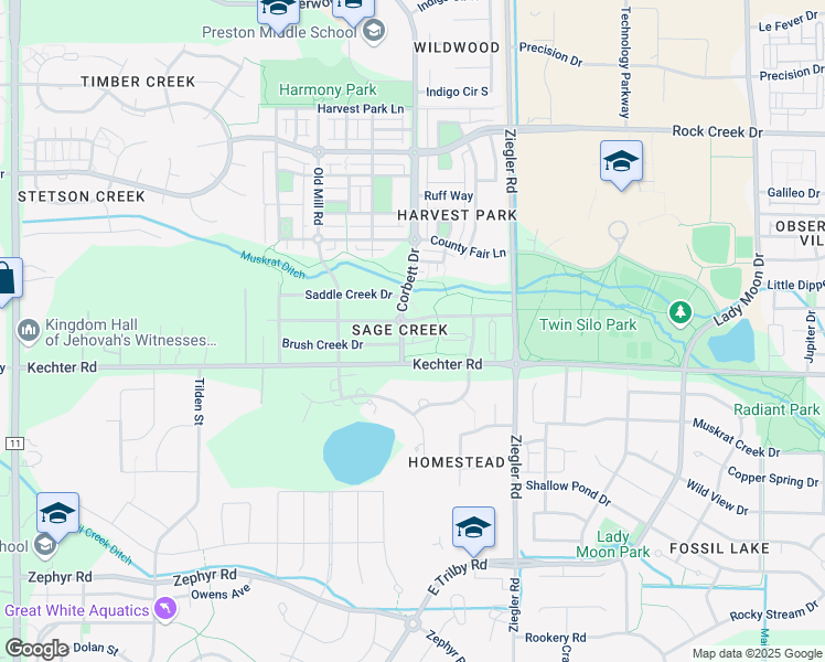 map of restaurants, bars, coffee shops, grocery stores, and more near 5550 Corbett Drive in Fort Collins