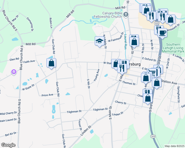 map of restaurants, bars, coffee shops, grocery stores, and more near 131 Young Circle in Coopersburg