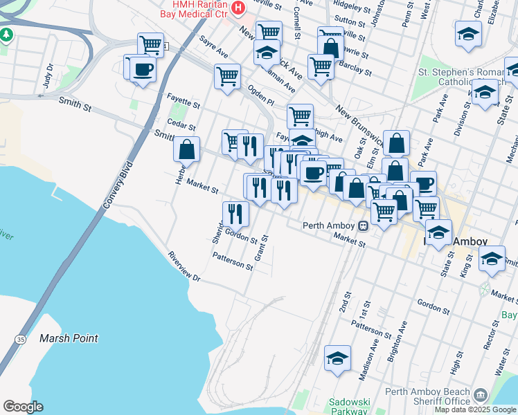 map of restaurants, bars, coffee shops, grocery stores, and more near 384 Market Street in Perth Amboy