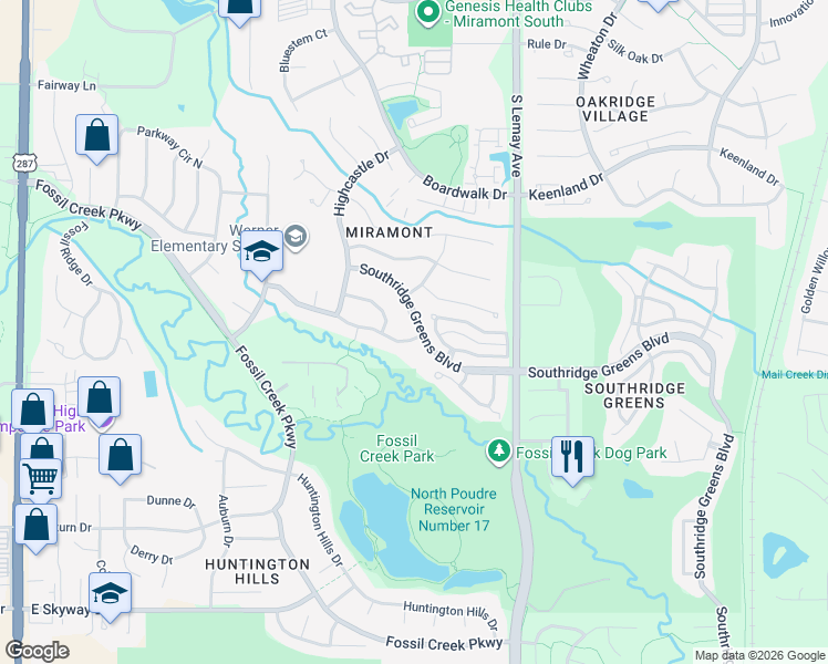 map of restaurants, bars, coffee shops, grocery stores, and more near 838 Roma Valley Drive in Fort Collins