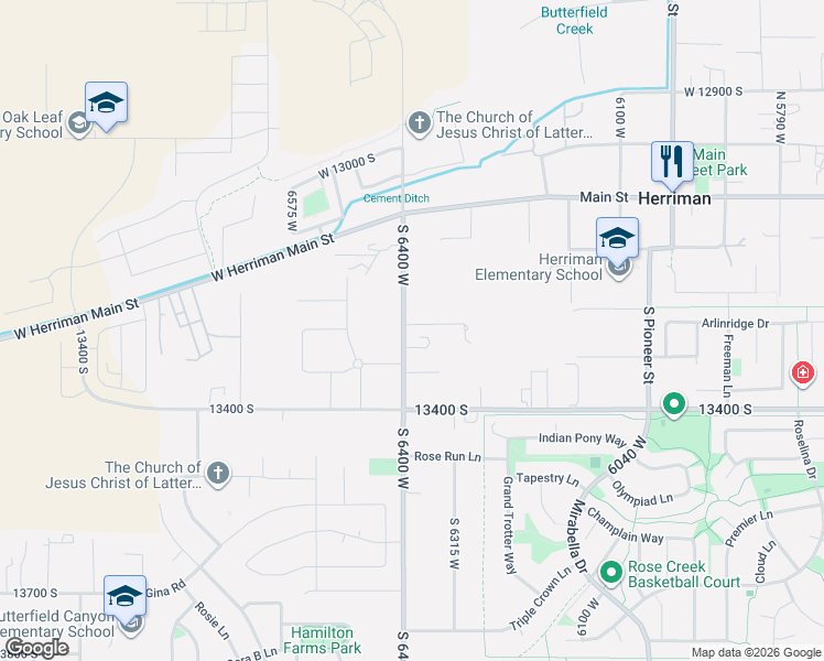 map of restaurants, bars, coffee shops, grocery stores, and more near 13319 Rose Canyon Road in Herriman