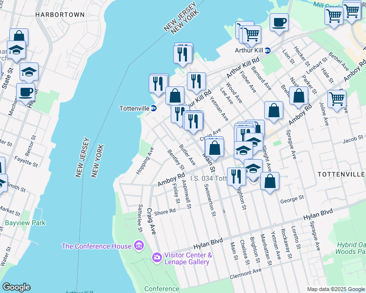 map of restaurants, bars, coffee shops, grocery stores, and more near 160 Butler Avenue in Staten Island