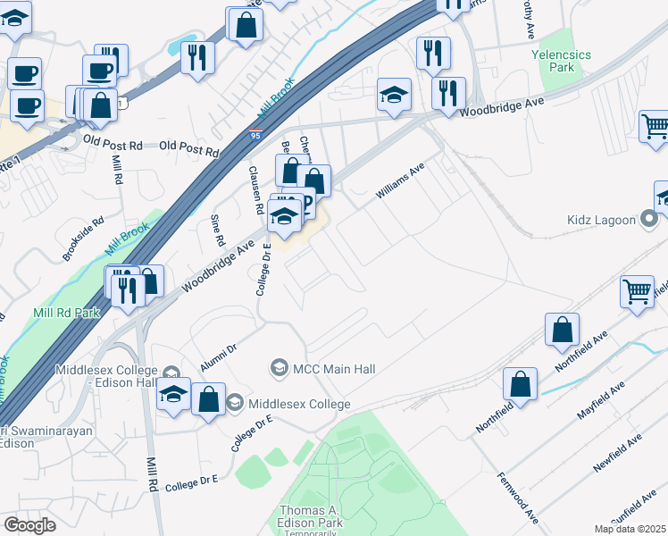 map of restaurants, bars, coffee shops, grocery stores, and more near 16 Vincent Behan Boulevard in Edison