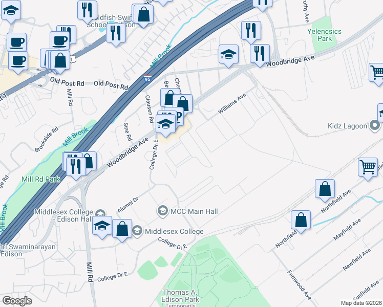 map of restaurants, bars, coffee shops, grocery stores, and more near 16 Vincent Behan Boulevard in Edison