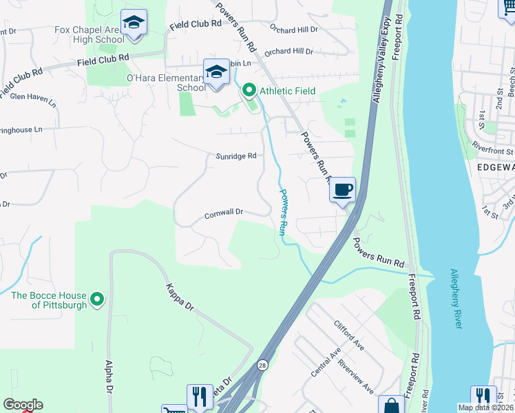 map of restaurants, bars, coffee shops, grocery stores, and more near 200 Cornwall Drive in Pittsburgh