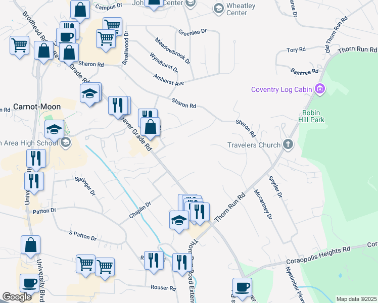 map of restaurants, bars, coffee shops, grocery stores, and more near 6099 Sanlin Drive in Coraopolis