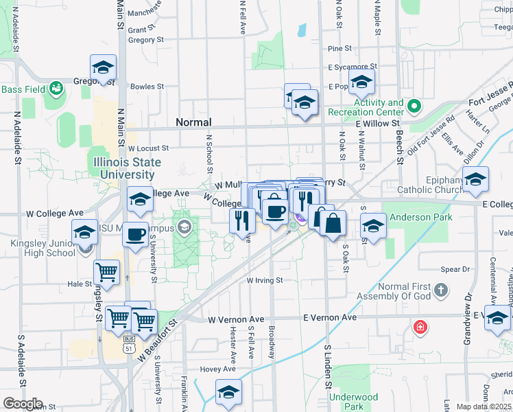 map of restaurants, bars, coffee shops, grocery stores, and more near 202 West College Avenue in Normal