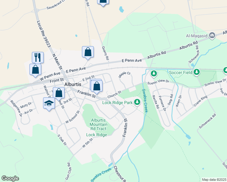 map of restaurants, bars, coffee shops, grocery stores, and more near 322 Lockridge Lane in Alburtis
