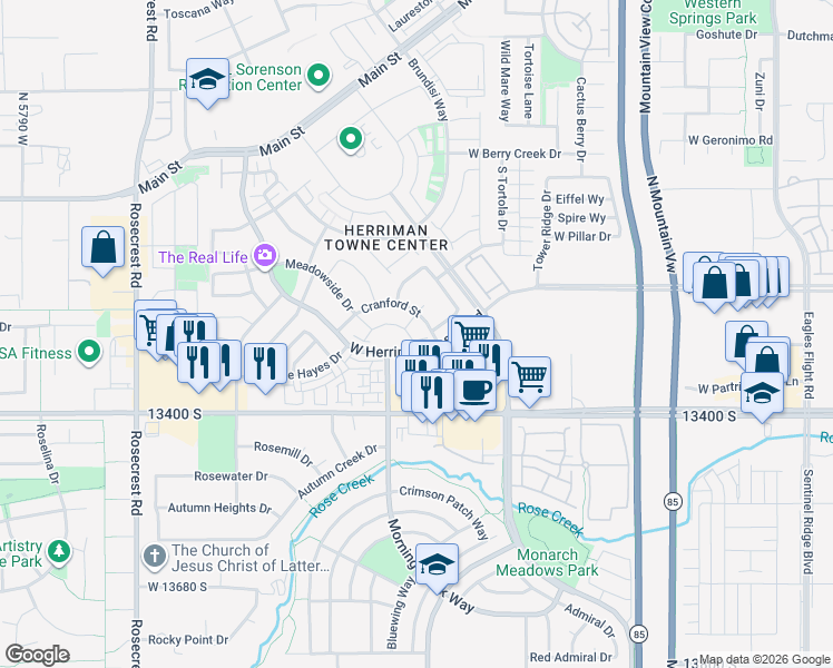 map of restaurants, bars, coffee shops, grocery stores, and more near 13279 Parkview Rise Lane in Herriman