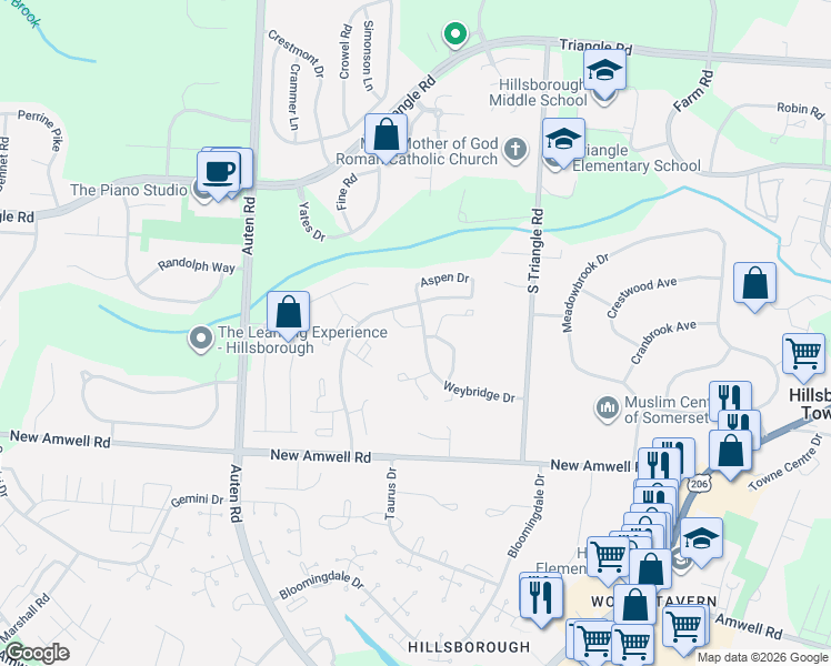 map of restaurants, bars, coffee shops, grocery stores, and more near 102 Eastwick Court in Somerset County