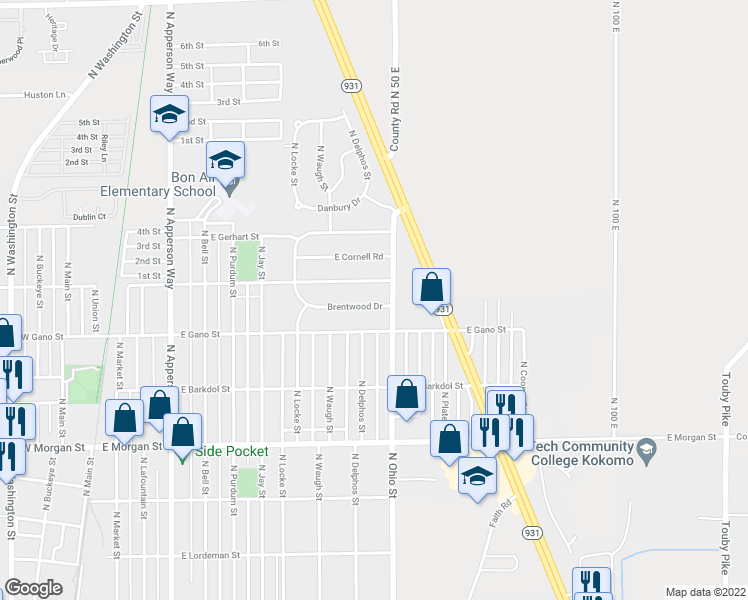 map of restaurants, bars, coffee shops, grocery stores, and more near 1108 Brentwood Drive in Kokomo