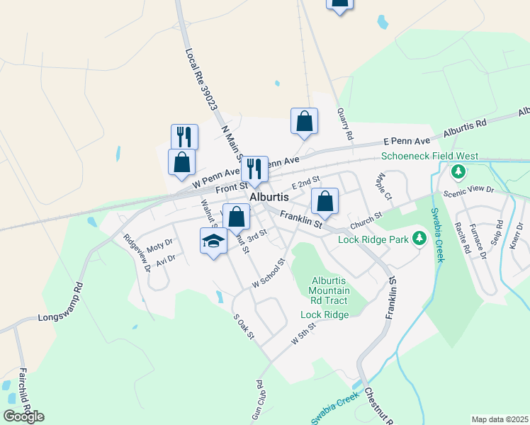 map of restaurants, bars, coffee shops, grocery stores, and more near 216 State Route 3001 in Alburtis