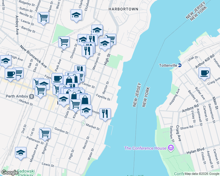 map of restaurants, bars, coffee shops, grocery stores, and more near 368 Rector Street in Perth Amboy