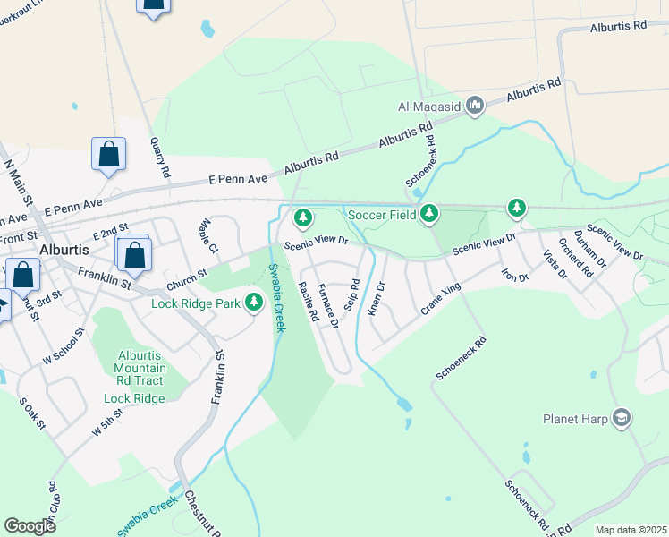 map of restaurants, bars, coffee shops, grocery stores, and more near 7698 Racite Road in Macungie