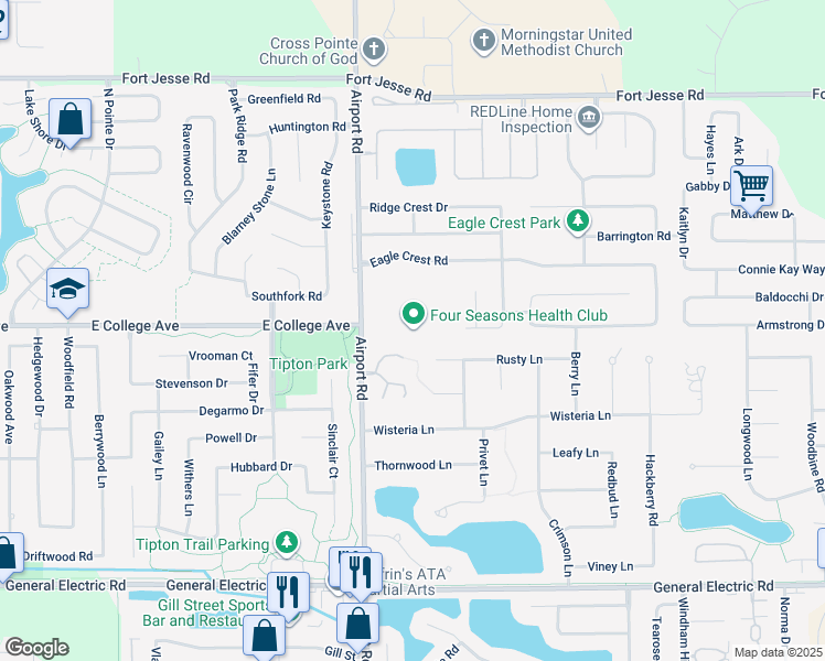 map of restaurants, bars, coffee shops, grocery stores, and more near 2401 Airport Road in Bloomington