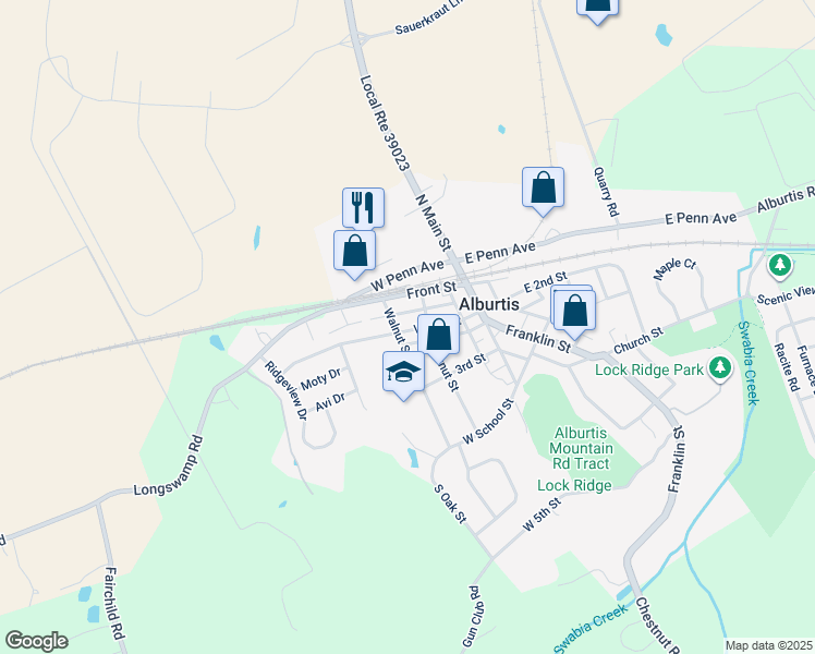 map of restaurants, bars, coffee shops, grocery stores, and more near 121 West 2nd Street in Alburtis