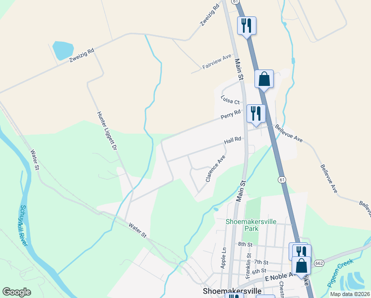 map of restaurants, bars, coffee shops, grocery stores, and more near 129 Hall Road in Shoemakersville