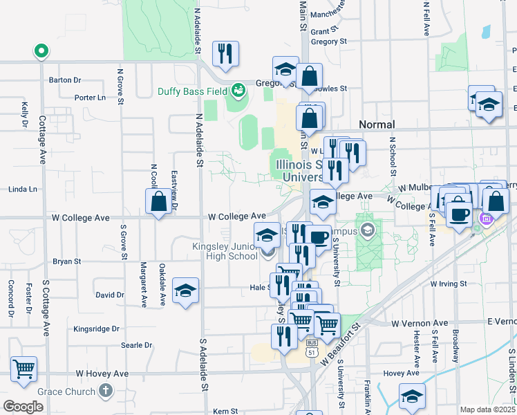map of restaurants, bars, coffee shops, grocery stores, and more near in Normal