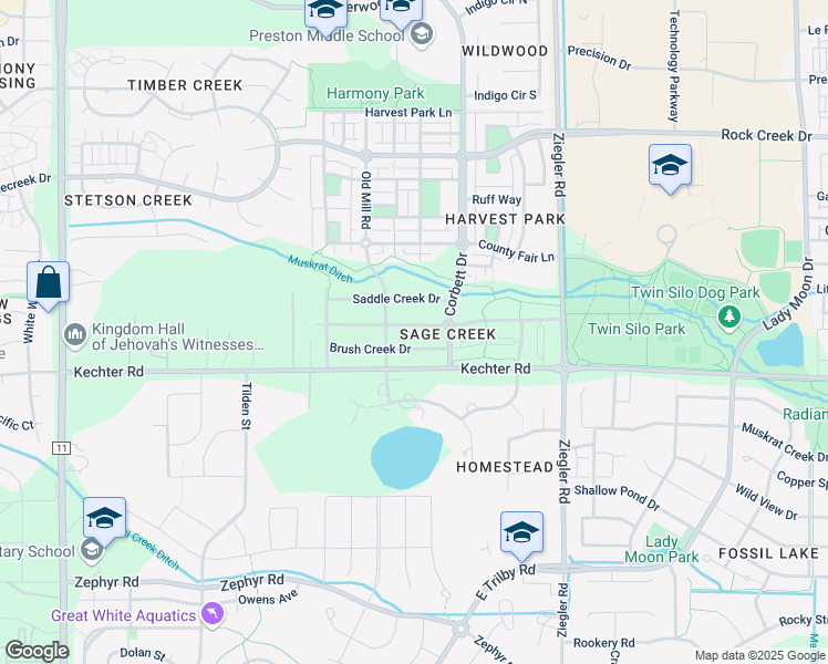 map of restaurants, bars, coffee shops, grocery stores, and more near 2809 Sage Creek Road in Fort Collins
