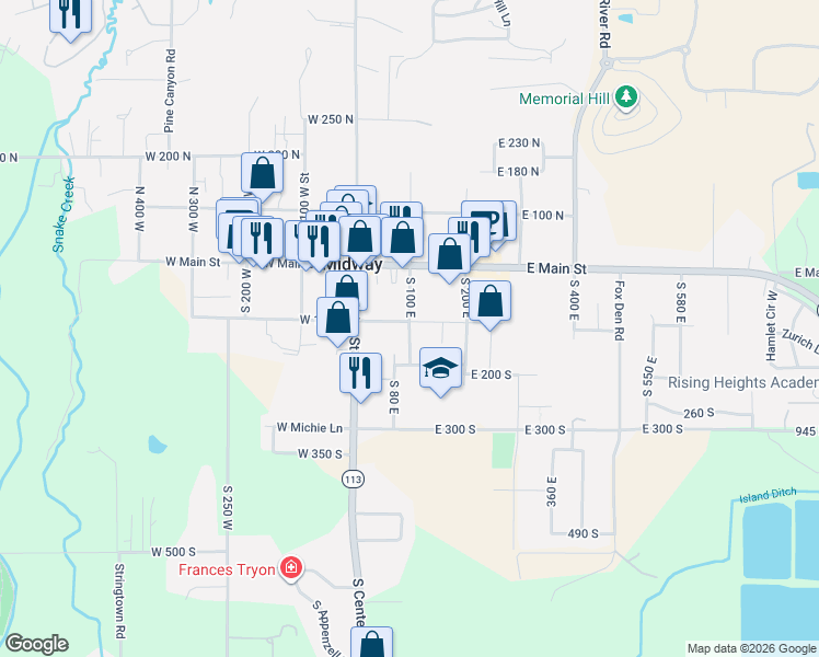 map of restaurants, bars, coffee shops, grocery stores, and more near 95 South 100 East in Midway