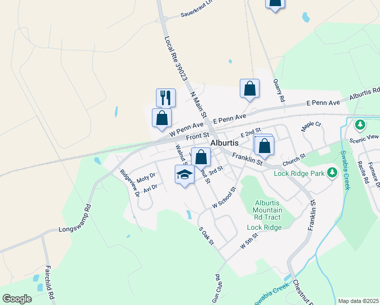 map of restaurants, bars, coffee shops, grocery stores, and more near 115 West 2nd Street in Alburtis