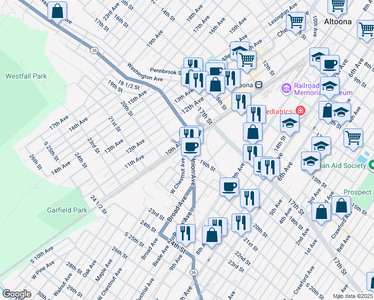 map of restaurants, bars, coffee shops, grocery stores, and more near 1811-1899 10th Avenue in Altoona