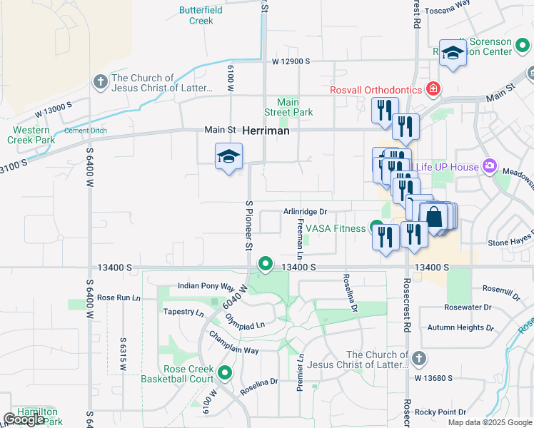 map of restaurants, bars, coffee shops, grocery stores, and more near 5992 Arlinridge Drive in Herriman