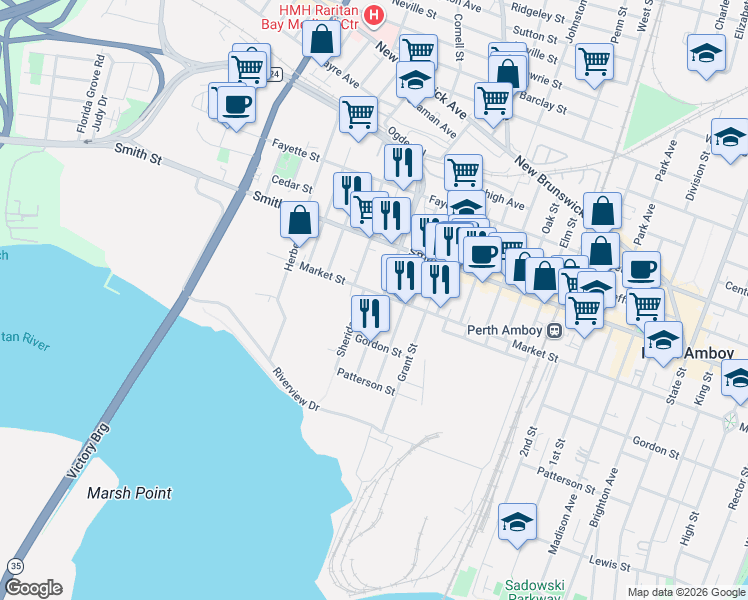 map of restaurants, bars, coffee shops, grocery stores, and more near 234 Sheridan Street in Perth Amboy