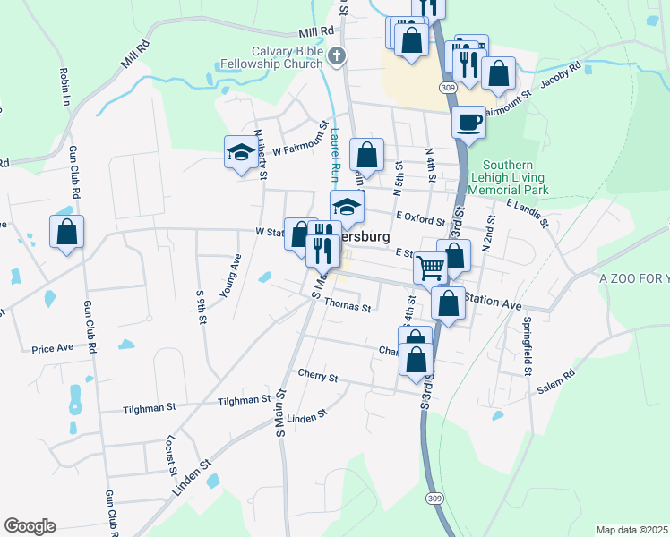 map of restaurants, bars, coffee shops, grocery stores, and more near 42 South Main Street in Coopersburg