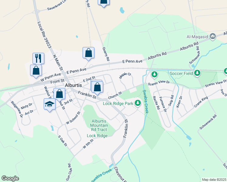 map of restaurants, bars, coffee shops, grocery stores, and more near 319 Lockridge Lane in Alburtis