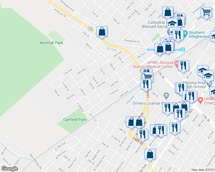 map of restaurants, bars, coffee shops, grocery stores, and more near 2028-30 12th Avenue in Altoona