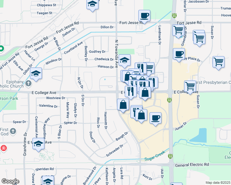 map of restaurants, bars, coffee shops, grocery stores, and more near 1500 East College Avenue in Normal