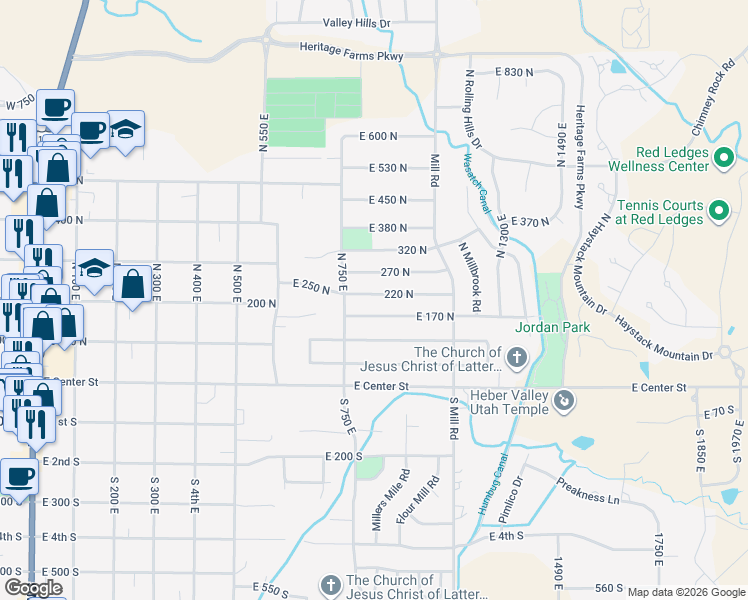 map of restaurants, bars, coffee shops, grocery stores, and more near 876 220 North in Heber City