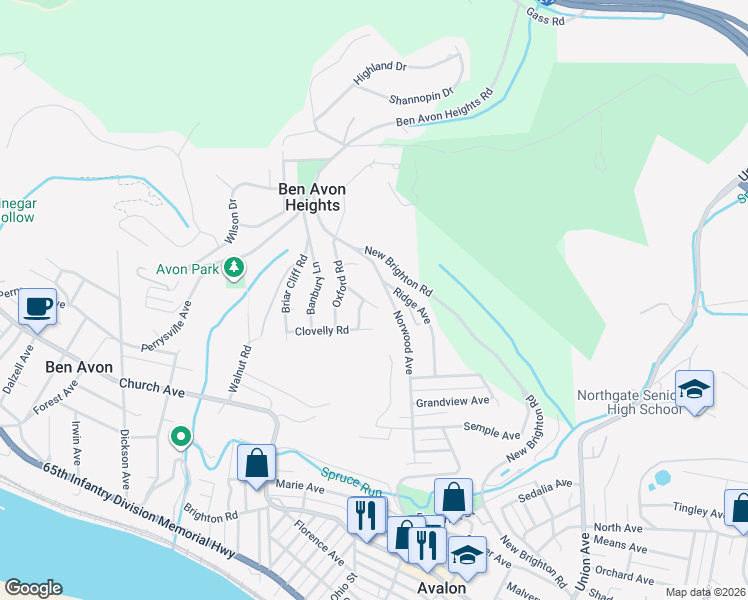 map of restaurants, bars, coffee shops, grocery stores, and more near 1005 Norwood Avenue in Pittsburgh