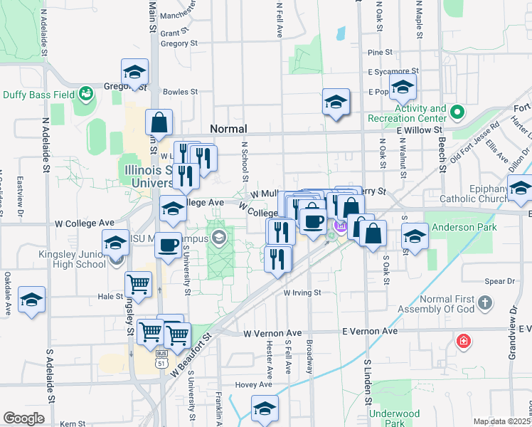 map of restaurants, bars, coffee shops, grocery stores, and more near 202 West College Avenue in Normal