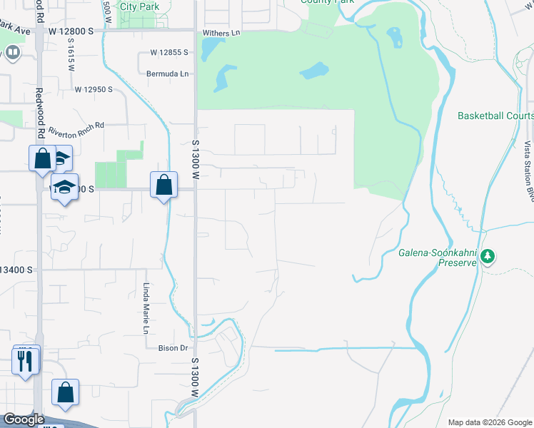 map of restaurants, bars, coffee shops, grocery stores, and more near West 13255 South in Riverton