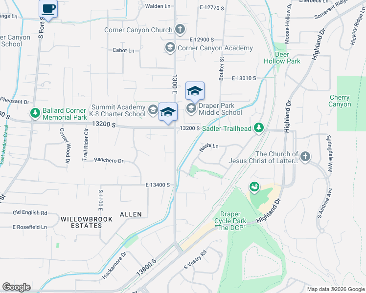 map of restaurants, bars, coffee shops, grocery stores, and more near 13239 South 1300 East in Draper