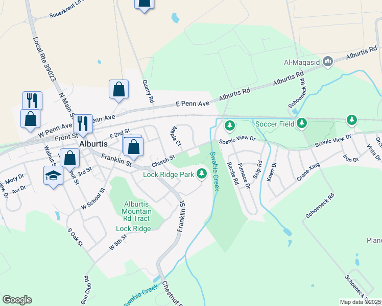 map of restaurants, bars, coffee shops, grocery stores, and more near 190 Maple Court in Alburtis