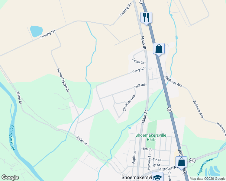 map of restaurants, bars, coffee shops, grocery stores, and more near 129 Hall Road in Shoemakersville